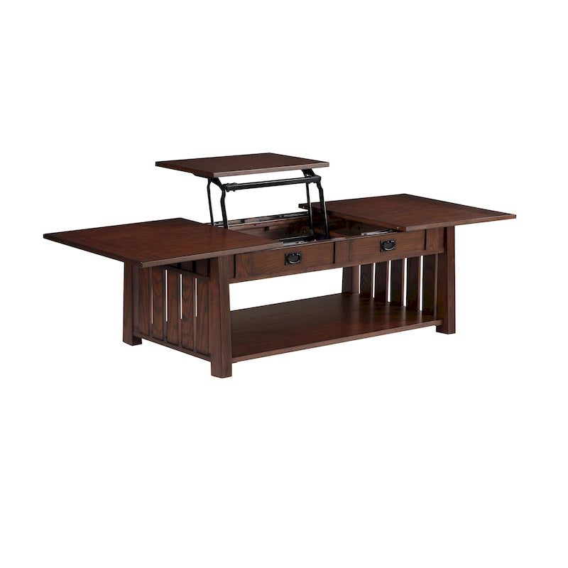 Table basse relevable de style Mission – Chêne foncé / Gris antique, 1 étagère inférieure, 2 à 4 places