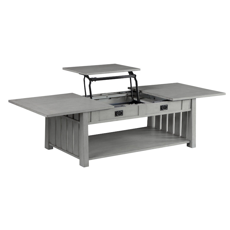 Table basse relevable de style Mission – Chêne foncé / Gris antique, 1 étagère inférieure, 2 à 4 places