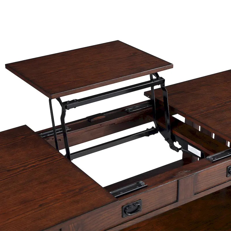 Table basse relevable de style Mission – Chêne foncé / Gris antique, 1 étagère inférieure, 2 à 4 places
