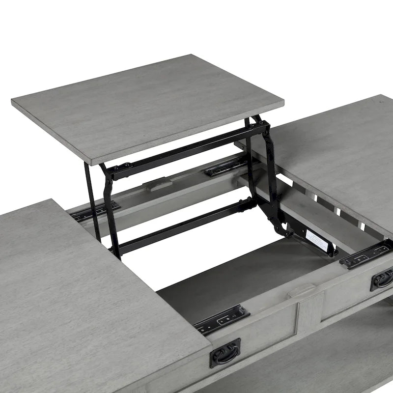 Table basse relevable de style Mission – Chêne foncé / Gris antique, 1 étagère inférieure, 2 à 4 places