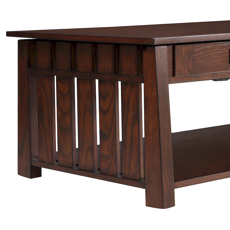 Table basse relevable de style Mission – Chêne foncé / Gris antique, 1 étagère inférieure, 2 à 4 places