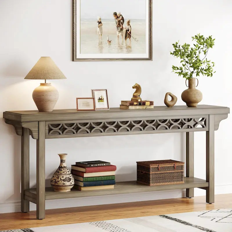 Table console de ferme en bois massif – Gris / Cerise / Marron / Gris, étroite, 1 place