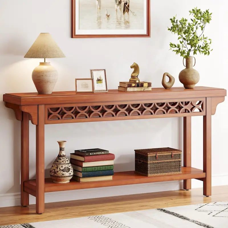 Table console de ferme en bois massif – Gris / Cerise / Marron / Gris, étroite, 1 place