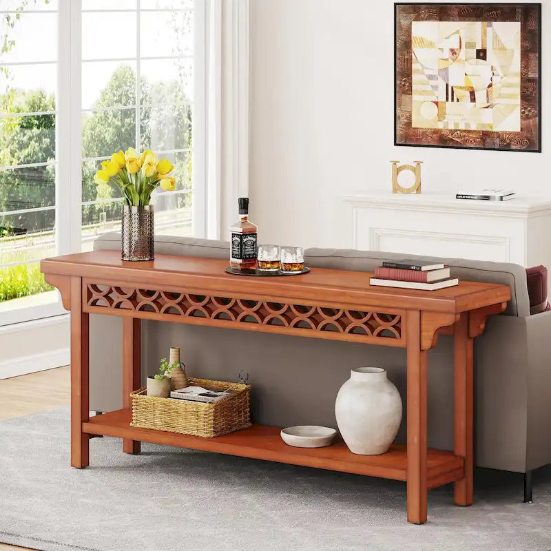 Table console de ferme en bois massif – Gris / Cerise / Marron / Gris, étroite, 1 place