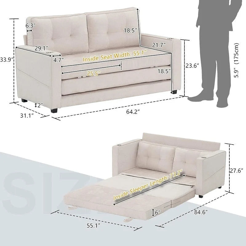 Canapé-lit pliable pour deux personnes – Noir / Beige / Rustique / Gris / Vert / Bleu marine, 2 tailles, 2 places