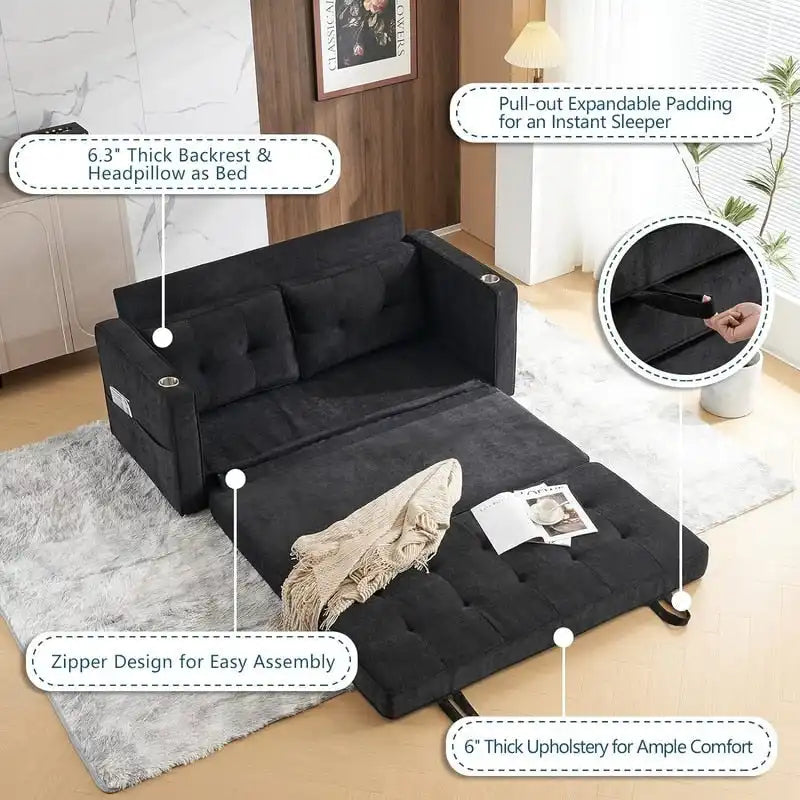 Canapé-lit pliable pour deux personnes – Noir / Beige / Rustique / Gris / Vert / Bleu marine, 2 tailles, 2 places