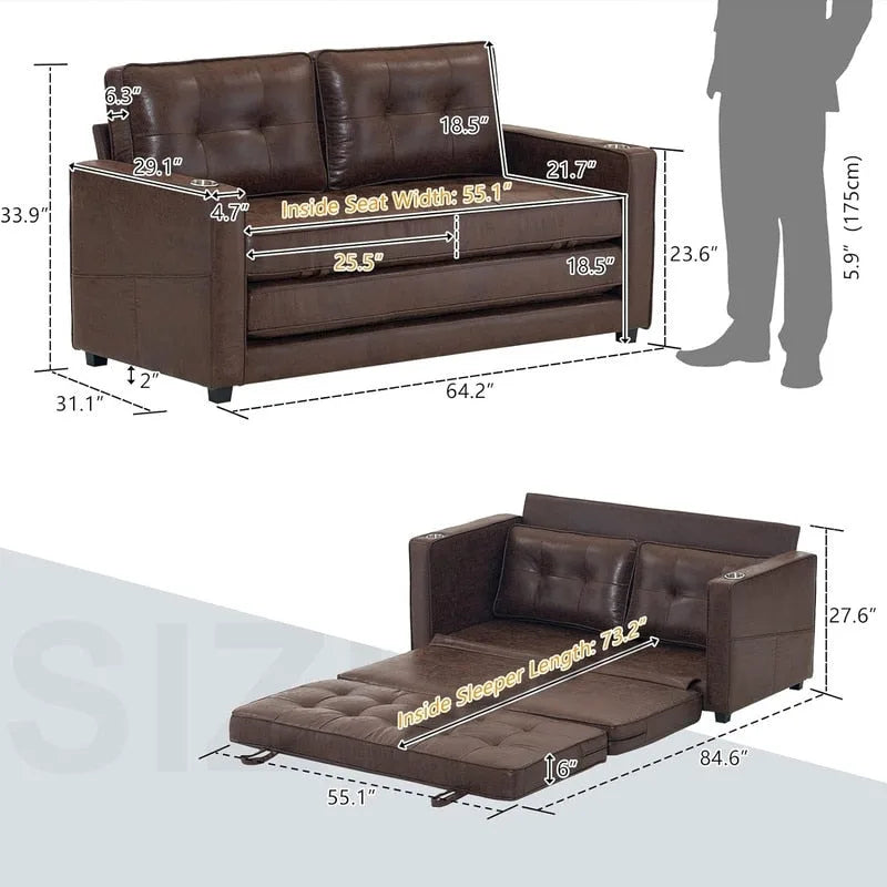 Canapé-lit pliable pour deux personnes – Noir / Beige / Rustique / Gris / Vert / Bleu marine, 2 tailles, 2 places