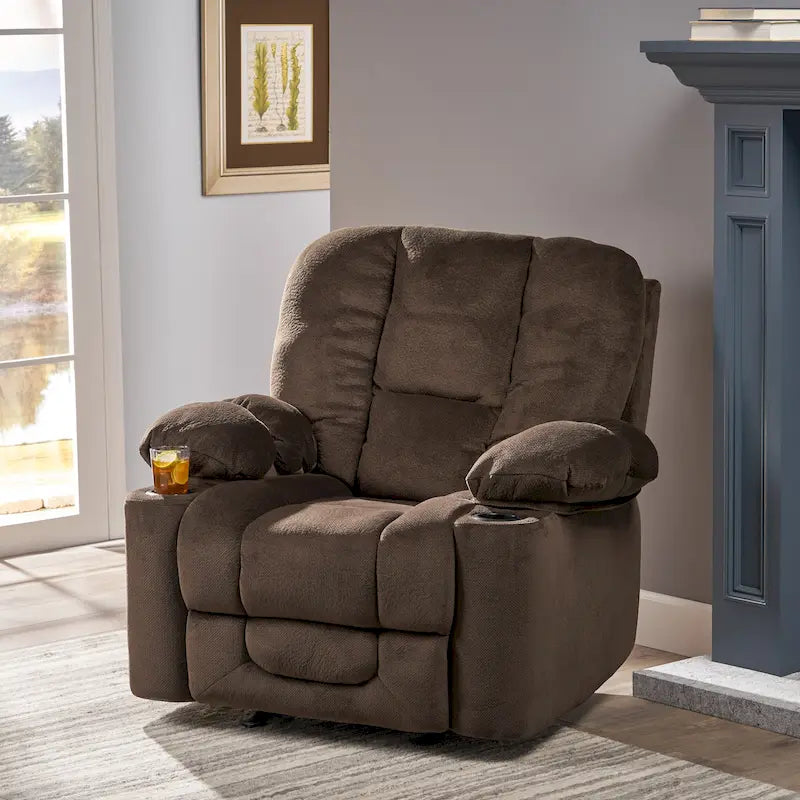 Fauteuil club inclinable en tissu – Latte / Gris acier / Chocolat, porte-gobelets, 1 place