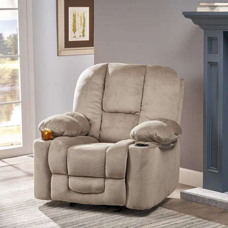 Fauteuil club inclinable en tissu – Latte / Gris acier / Chocolat, porte-gobelets, 1 place