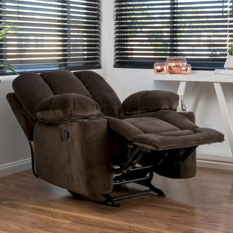 Fauteuil club inclinable en tissu – Latte / Gris acier / Chocolat, porte-gobelets, 1 place