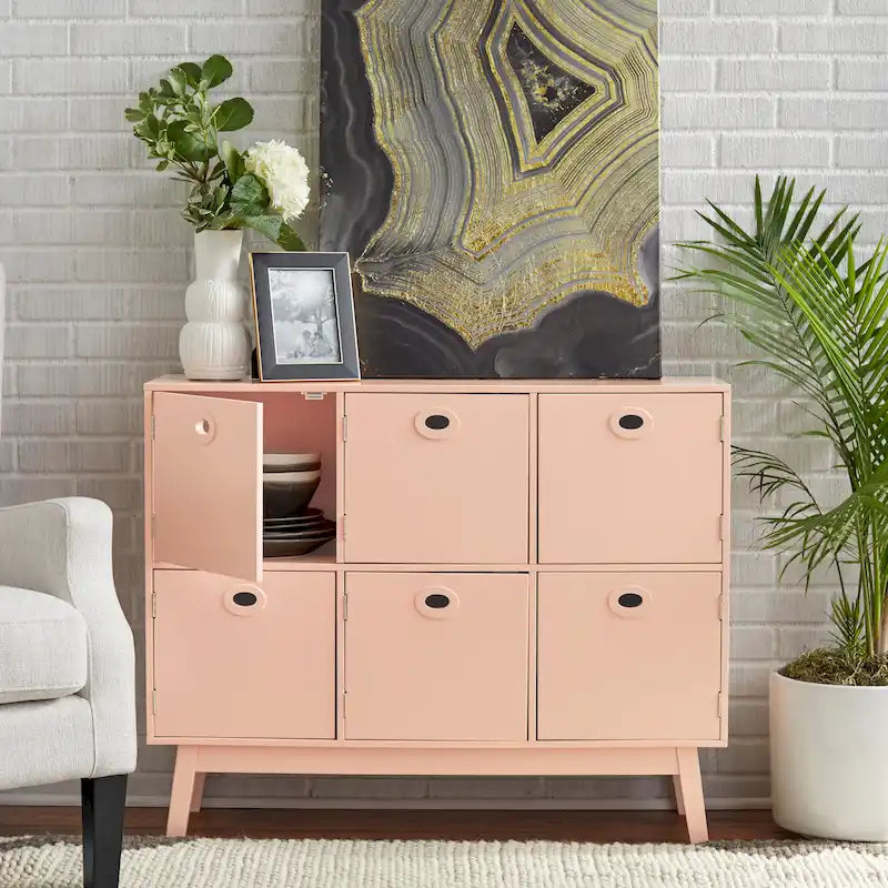 Meuble de rangement Mid-Century Modern à 6 portes – Vert Menthe / Blanc / Rose / Gris / Bleu, pieds fuselés, places assises S/O
