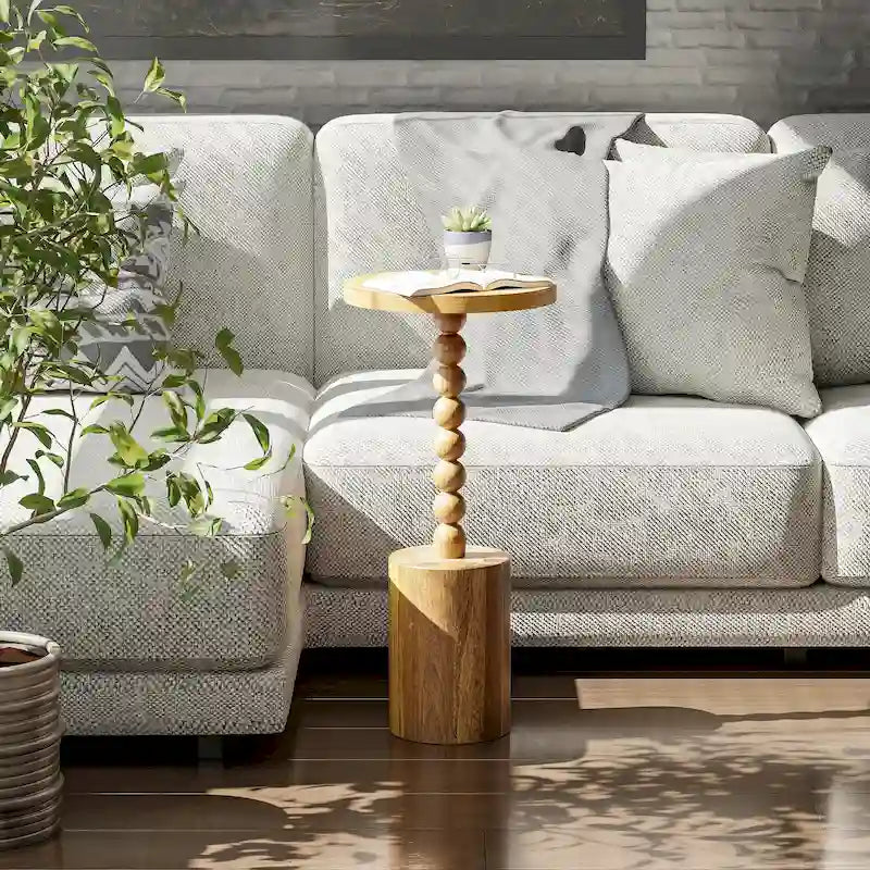 Table d'appoint ronde sur pied – Naturel / Noir, base tambour, 1 place