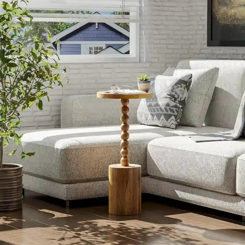 Table d'appoint ronde sur pied – Naturel / Noir, base tambour, 1 place