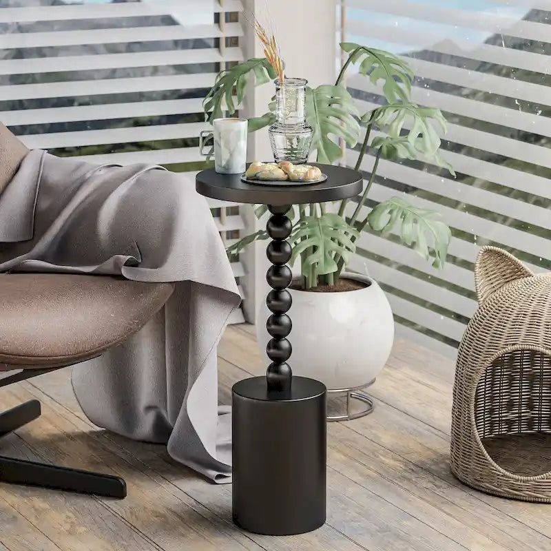 Table d'appoint ronde sur pied – Naturel / Noir, base tambour, 1 place