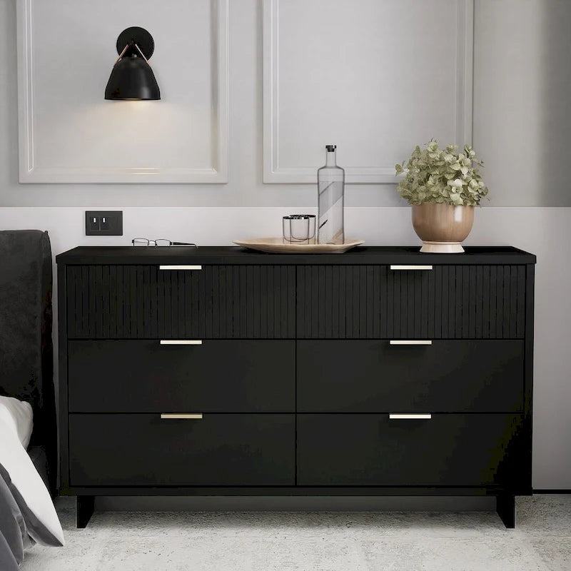 Commode double moderne à 6 tiroirs – Vert Sauge / Gris Foncé / Gris Clair / Noir / Blanc / Bleu Nuit, Façade nervurée