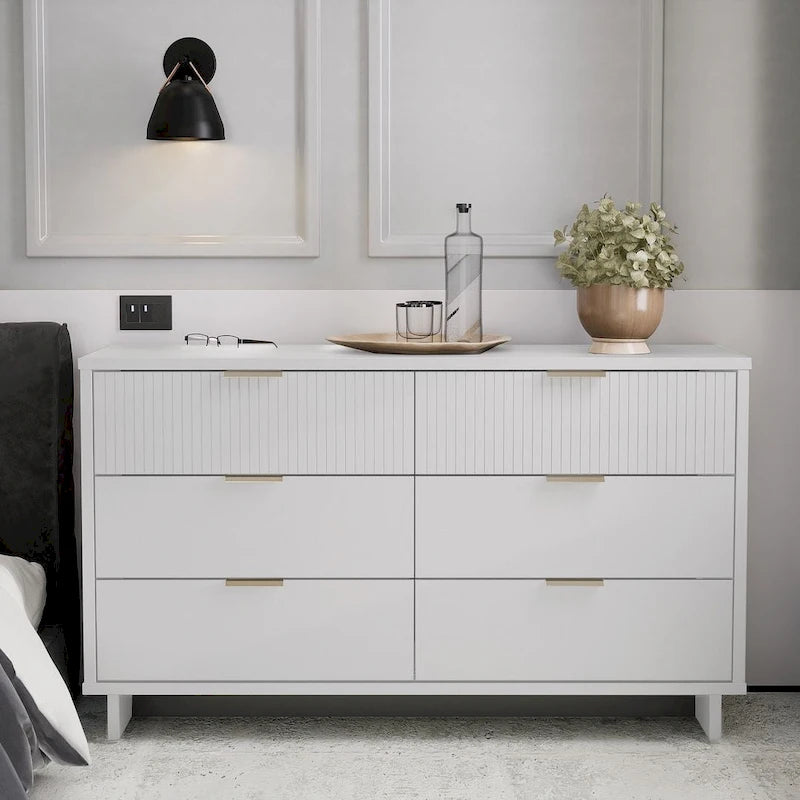 Commode double moderne à 6 tiroirs – Vert Sauge / Gris Foncé / Gris Clair / Noir / Blanc / Bleu Nuit, Façade nervurée