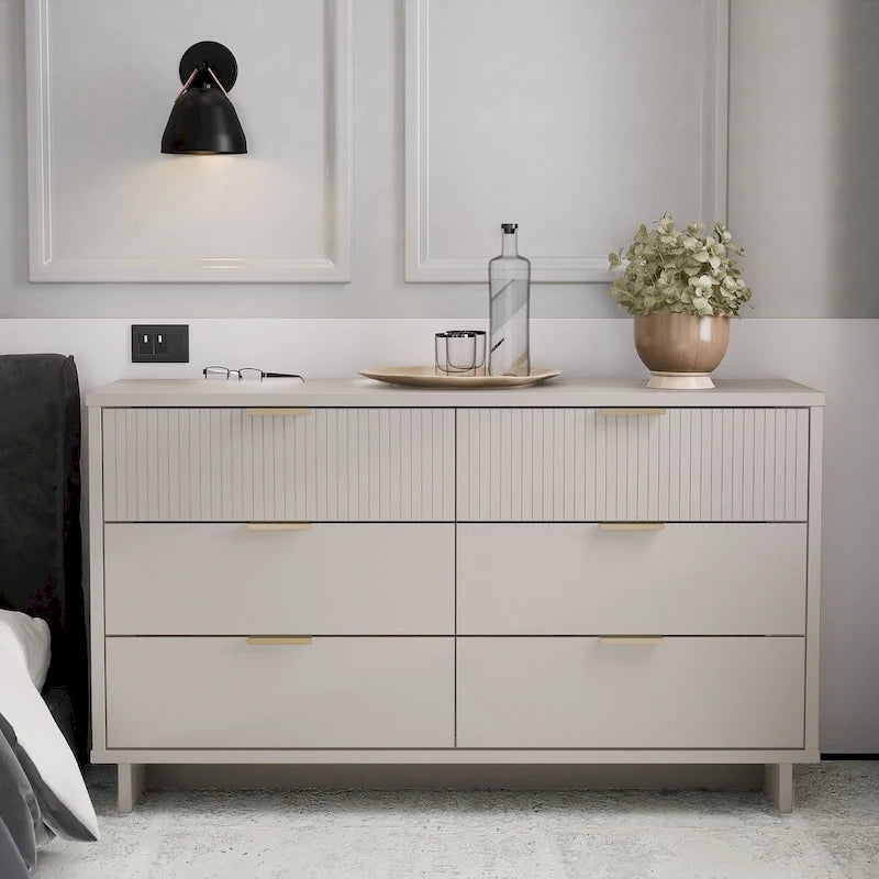Commode double moderne à 6 tiroirs – Vert Sauge / Gris Foncé / Gris Clair / Noir / Blanc / Bleu Nuit, Façade nervurée