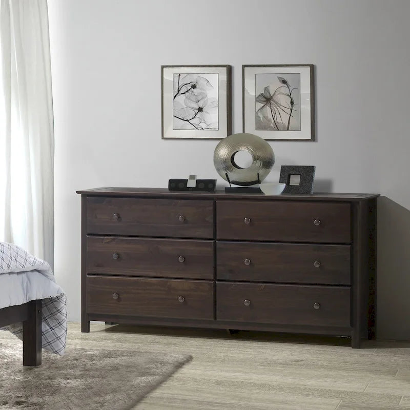 Commode 6 tiroirs en pin massif style shaker – Espresso / Noyer / Cerisier / Naturel, Large