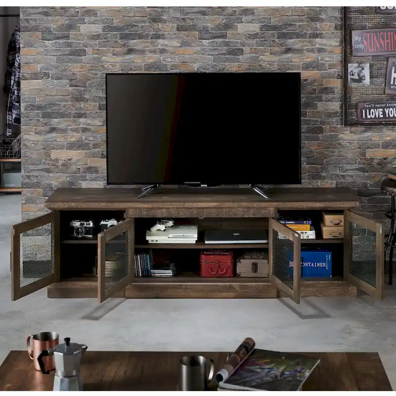 Meuble TV rustique – Chêne recyclé, 4 portes grillagées, 6 étagères