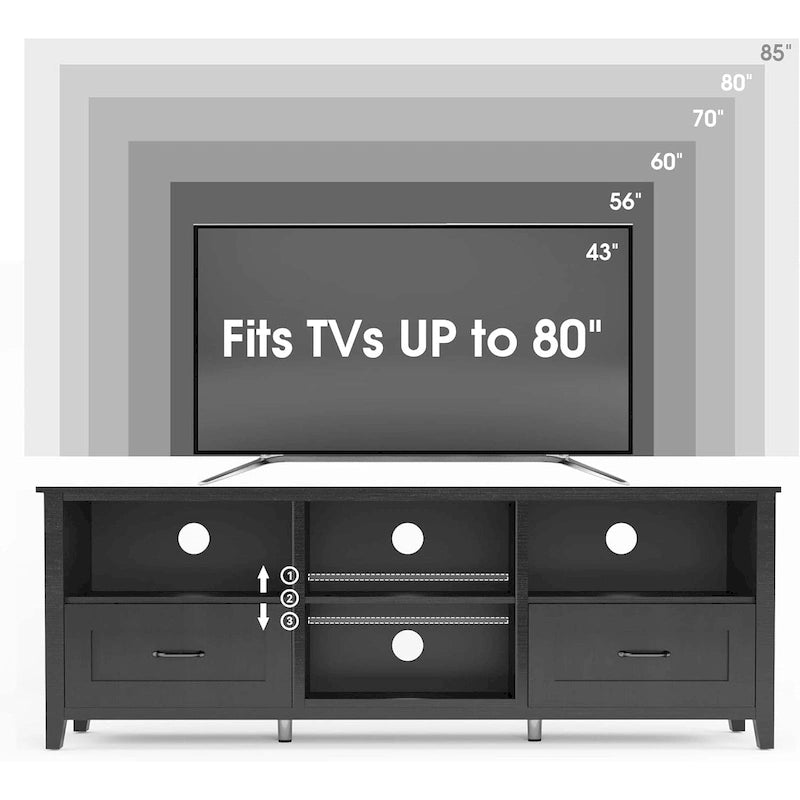 Meuble TV industriel avec tiroirs – Noir, 4 étagères ouvertes, s'adapte jusqu'à 203 cm