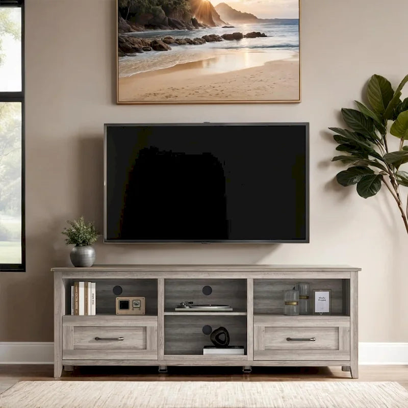 Meuble TV industriel avec tiroirs – Noir, 4 étagères ouvertes, s'adapte jusqu'à 203 cm