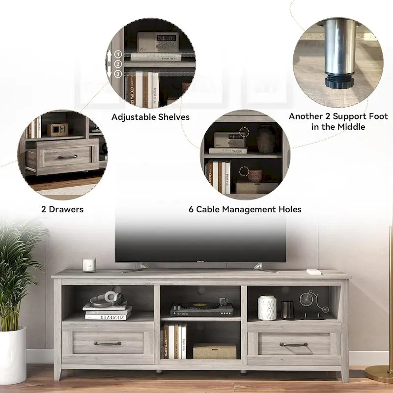 Meuble TV industriel avec tiroirs – Noir, 4 étagères ouvertes, s'adapte jusqu'à 203 cm
