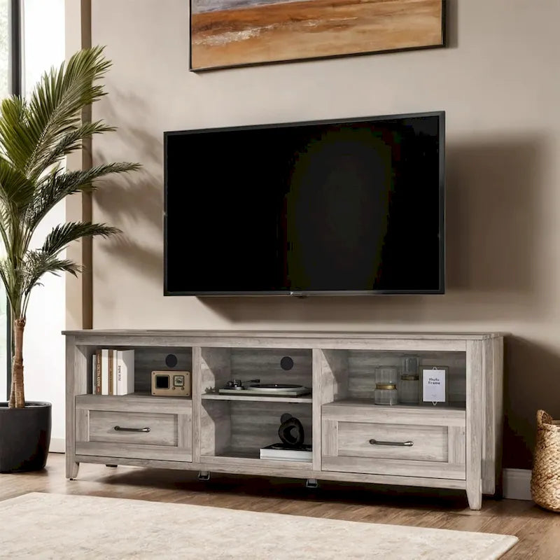 Meuble TV industriel avec tiroirs – Noir, 4 étagères ouvertes, s'adapte jusqu'à 203 cm