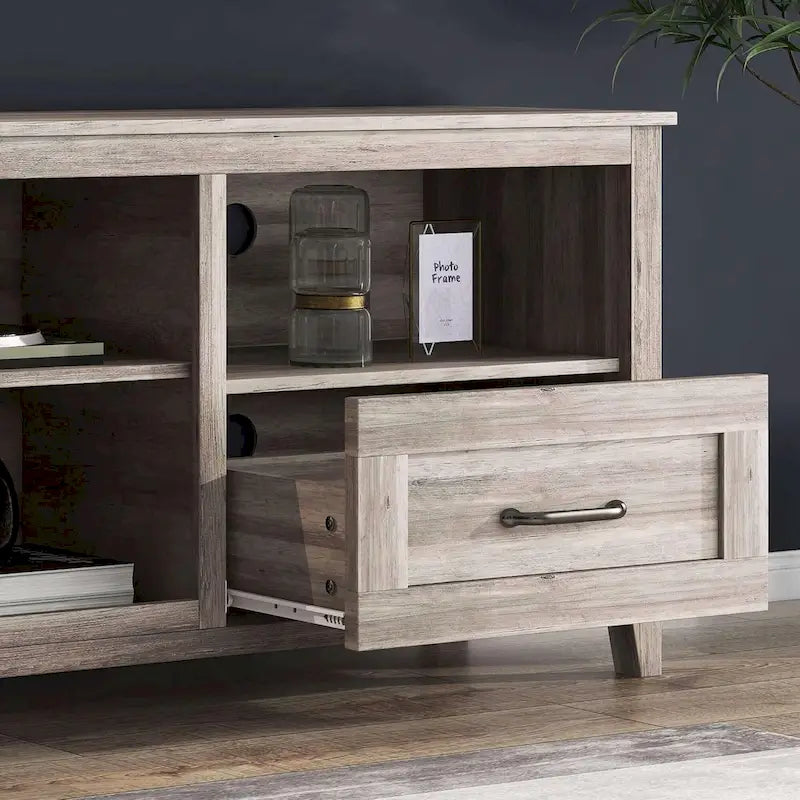 Meuble TV industriel avec tiroirs – Noir, 4 étagères ouvertes, s'adapte jusqu'à 203 cm