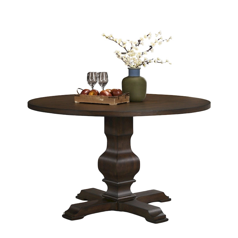 Table à manger ronde avec pied central – Espresso, plateau en placage de chêne, 4 places