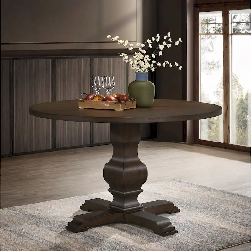 Table à manger ronde avec pied central – Espresso, plateau en placage de chêne, 4 places