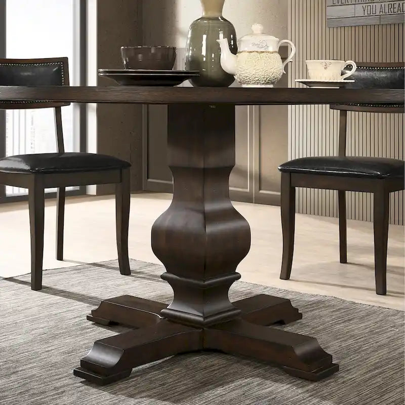 Table à manger ronde avec pied central – Espresso, plateau en placage de chêne, 4 places