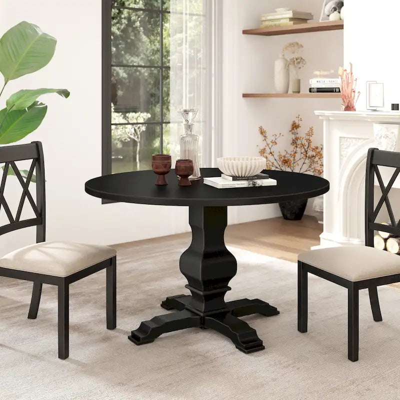 Table à manger ronde avec pied central – Espresso, plateau en placage de chêne, 4 places