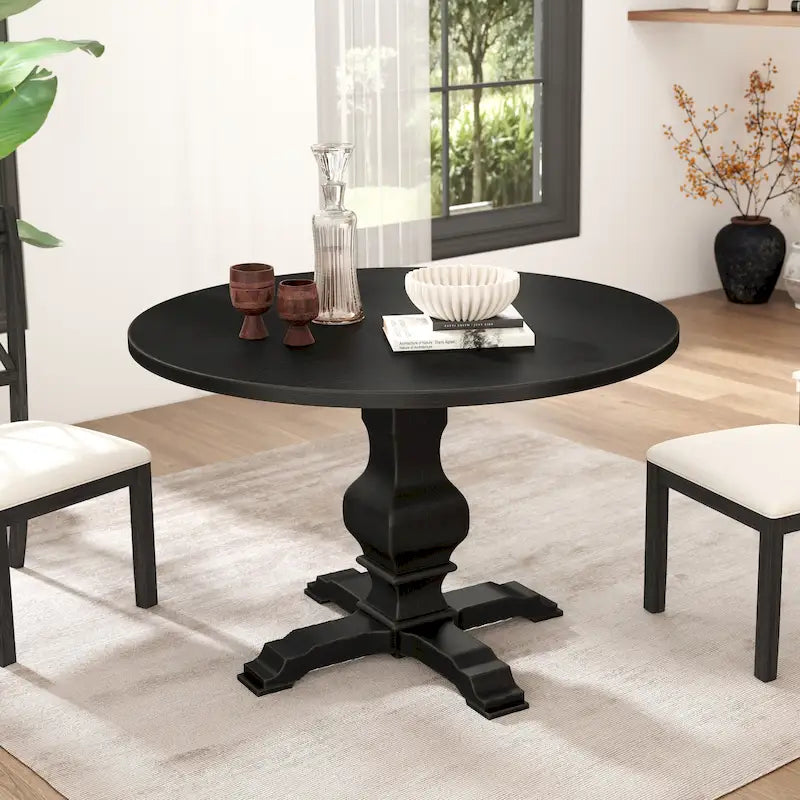 Table à manger ronde avec pied central – Espresso, plateau en placage de chêne, 4 places