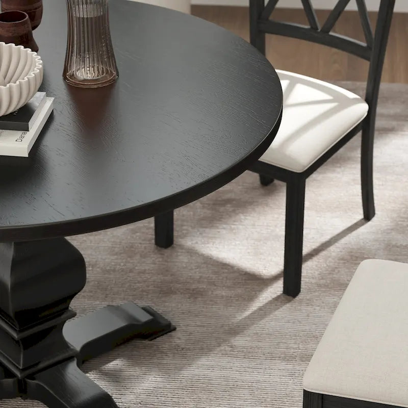 Table à manger ronde avec pied central – Espresso, plateau en placage de chêne, 4 places