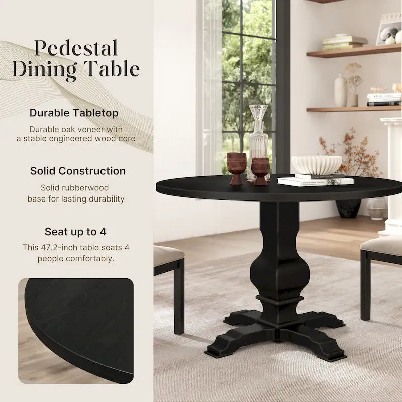 Table à manger ronde avec pied central – Espresso, plateau en placage de chêne, 4 places