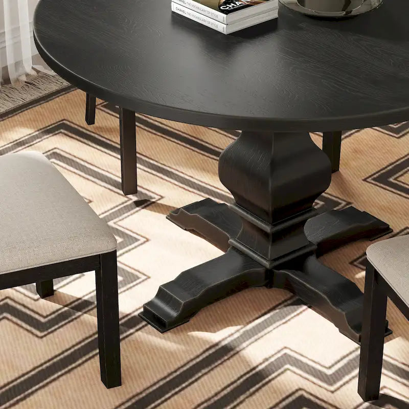 Table à manger ronde avec pied central – Espresso, plateau en placage de chêne, 4 places