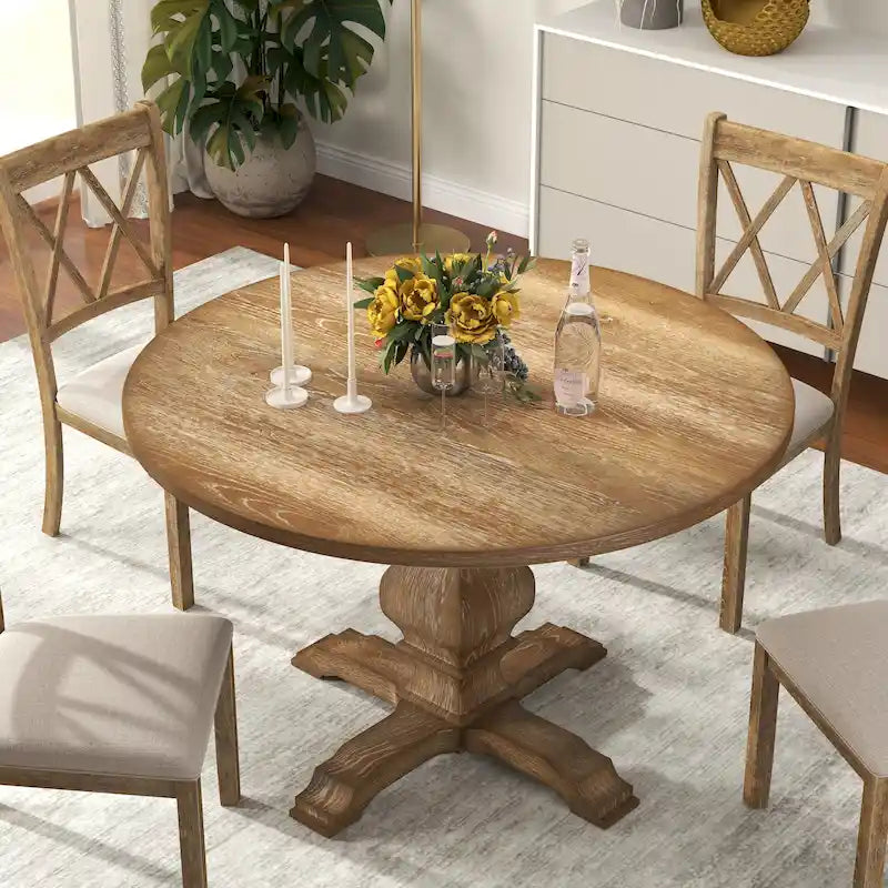 Table à manger ronde avec pied central – Espresso, plateau en placage de chêne, 4 places