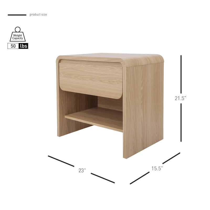 Table d'appoint minimaliste moderne – Chêne européen, 1 tiroir + étagère ouverte, 1 place