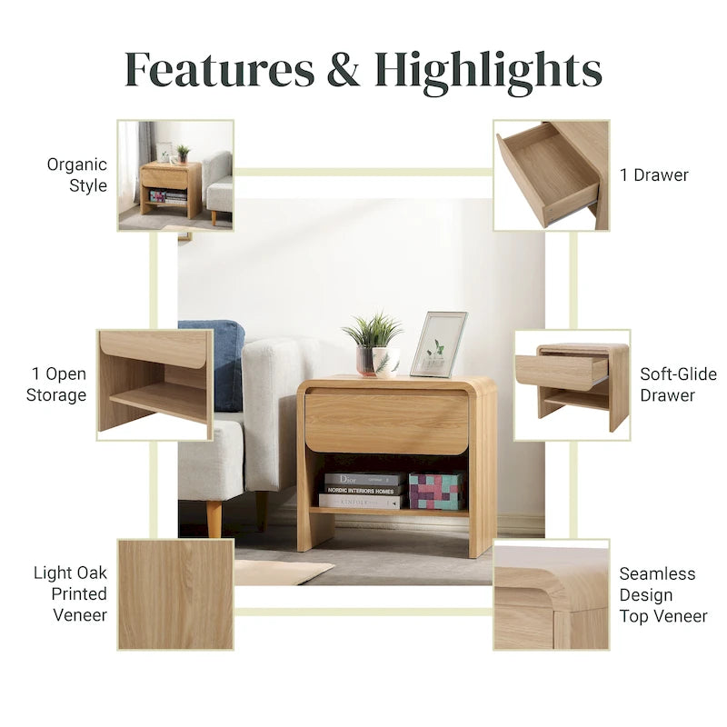 Table d'appoint minimaliste moderne – Chêne européen, 1 tiroir + étagère ouverte, 1 place
