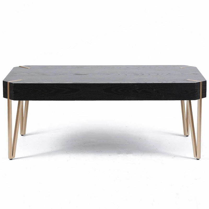 Table basse à plateau en bois – Noir et or, pieds épingles, 2 à 4 places