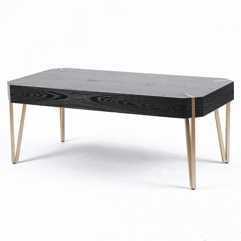 Table basse à plateau en bois – Noir et or, pieds épingles, 2 à 4 places