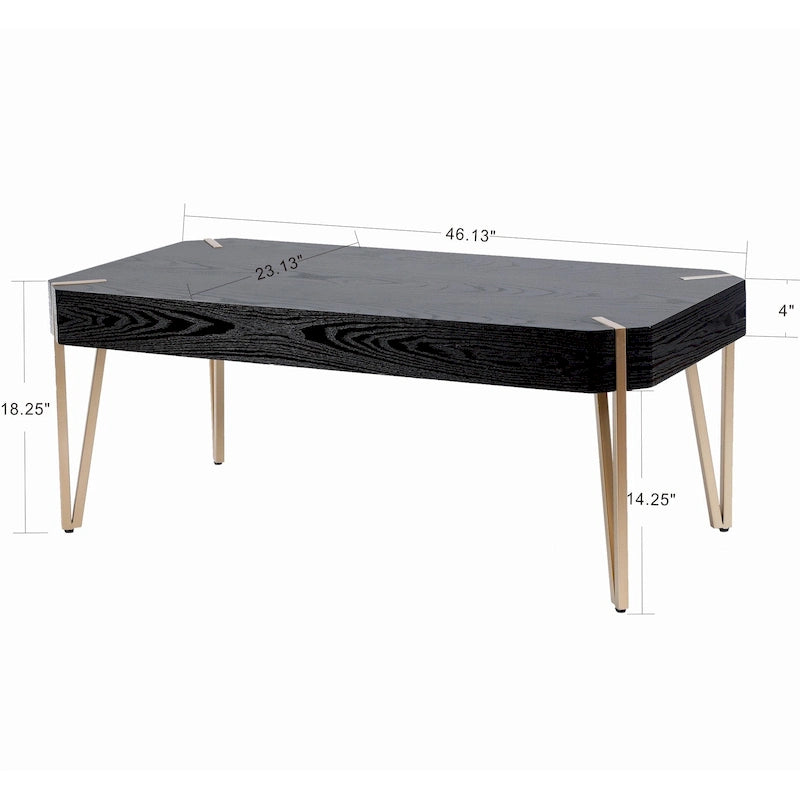 Table basse à plateau en bois – Noir et or, pieds épingles, 2 à 4 places