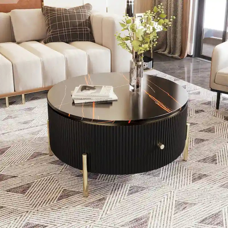 Table basse ronde à motif marbre – Blanc et or / Noir et or, 2 tiroirs, 2 à 4 places