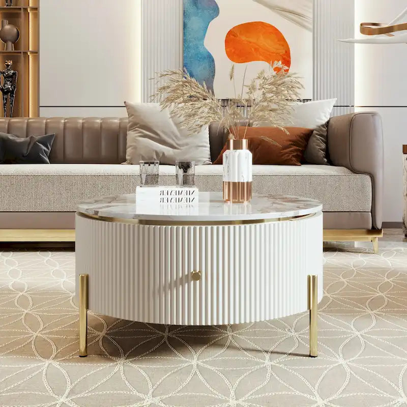 Table basse ronde à motif marbre – Blanc et or / Noir et or, 2 tiroirs, 2 à 4 places