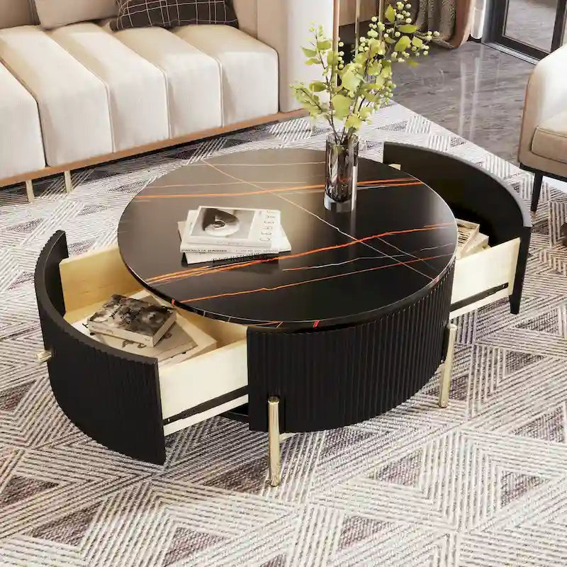 Table basse ronde à motif marbre – Blanc et or / Noir et or, 2 tiroirs, 2 à 4 places