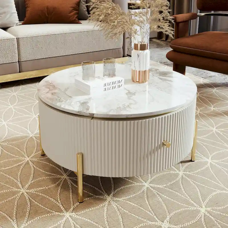 Table basse ronde à motif marbre – Blanc et or / Noir et or, 2 tiroirs, 2 à 4 places
