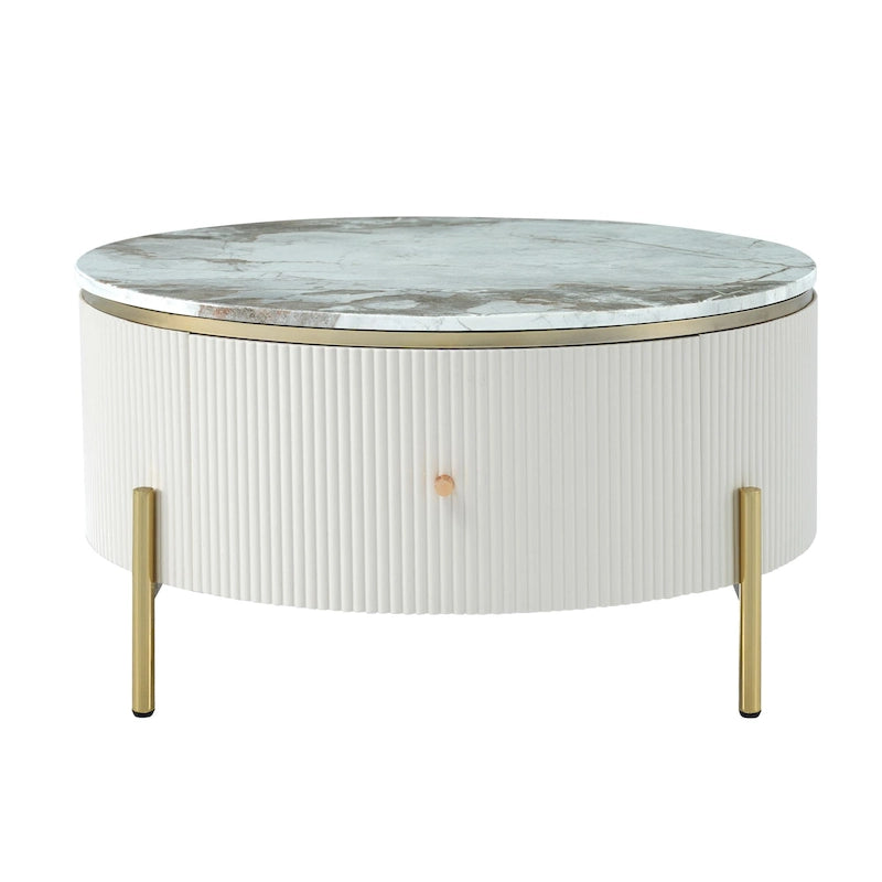 Table basse ronde à motif marbre – Blanc et or / Noir et or, 2 tiroirs, 2 à 4 places