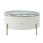 Table basse ronde à motif marbre – Blanc et or / Noir et or, 2 tiroirs, 2 à 4 places