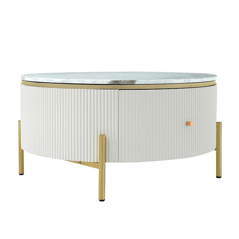 Table basse ronde à motif marbre – Blanc et or / Noir et or, 2 tiroirs, 2 à 4 places