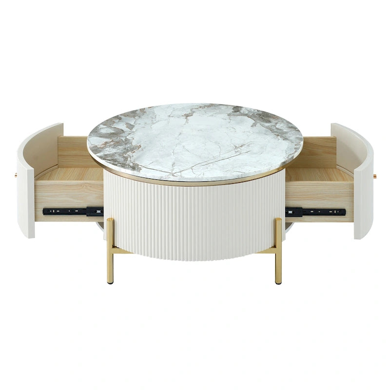 Table basse ronde à motif marbre – Blanc et or / Noir et or, 2 tiroirs, 2 à 4 places
